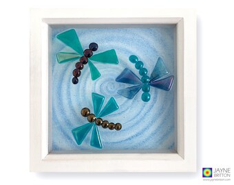 Dragonflies framed fused glass panel, water, nature inspired, textured glass, wall art, box frame