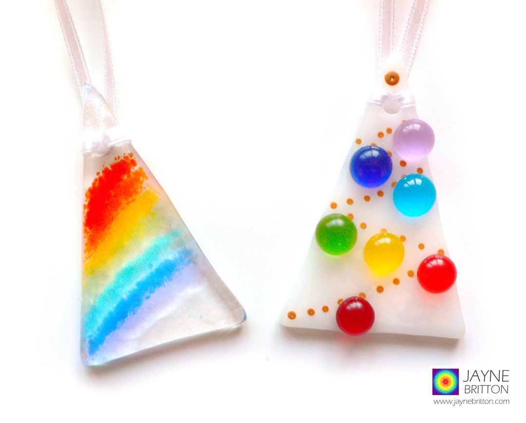 Two Rainbow Christmas Tree Decorations Fused Glass White Etsy UK