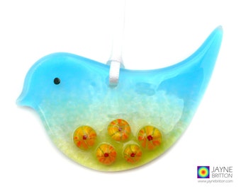 Fused glass bird, sunflowers light catcher, hanging decoration, sun catcher, cottage garden, christmas tree decoration gift, mothers day