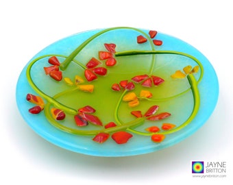 Vibrant flower bowl, orange yellow raised flowers on blue green blended glass, fused glass trinket bowl, gardener, ring dish