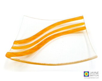 Orange and yellow spiral fused glass plate, raised design, handmade decorative plate, square sweet dish, sushi plate, snack plate