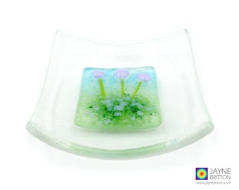 Purple flowers fused glass trinket bowl, picture panel ring dish, mothers day, uplifting, gift for mum, flower garden, cottage garden