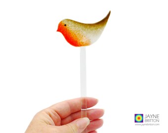 Fused glass bird plant decoration, Robin red breast, cottage garden, pot plant stick, bird on a stick