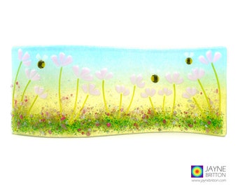 Pink flowers and bees curved panel, blue green handmade fused glass, self standing art, textured glass flowers, windowsill, summer meadow