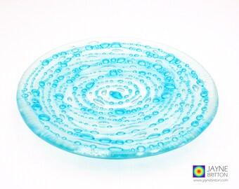 Round fused glass trinket bowl with turquoise blue bubbles encased in glass, watery, bubbly, teal bubble