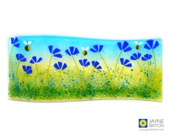 Blue flowers and bees curved panel, blue green handmade fused glass, self standing art, textured glass flowers, windowsill, summer meadow