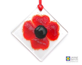 Poppy fused glass light catcher, diamond shaped, hanging decoration, new home gift, summer meadow, sun catcher, red flower, mothers day