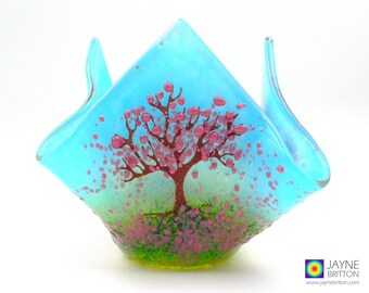 Tree of Life candle vase, pink blossom trees, hankie vase, tea light holder, hand painted, crystal storing bowl, inspiring