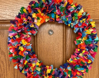 Rainbow Rag Wreath: Colorful Spring Summer Decor, 16 Inch