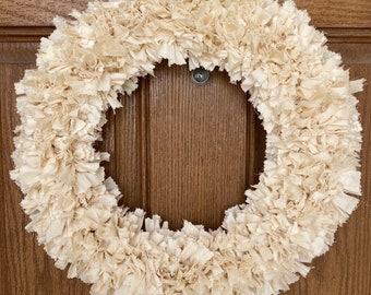 Handmade Ivory Rag Wreath - Neutral Farmhouse Decor, 15-16 Inch