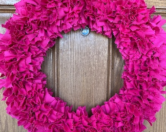 Bright Pink Rag Wreath: Cotton Fabric Door Decor (15-16 inch)