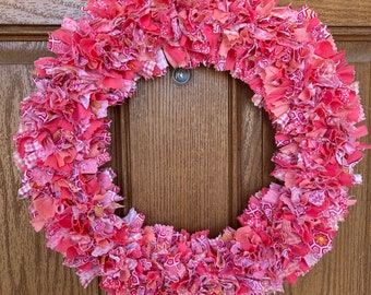 Coral Rag Wreath, Pink Floral Fabric, Summer Decor