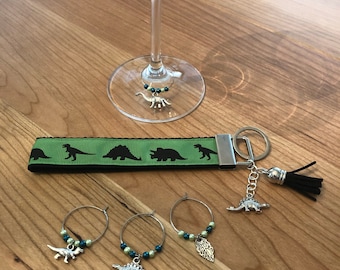 Dino Lover Gift Set: Keychain Wristlet and Wine Charms
