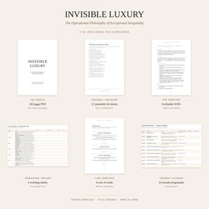 Op de afbeelding: Een zesdelige bundel voor luxe hotels, met een handleiding, checklists, SOP-sjablonen, een operationele tracker, kaartsjablonen en een trainingskalender. De documenten zijn in zwarte tekst op een witte achtergrond, met de titel "INVISIBLE LUXURY".