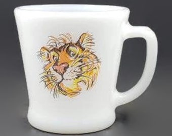 Vintage Fire King Milk Glass Tiger Mug: Esso Gas Station Advertising, 1960s