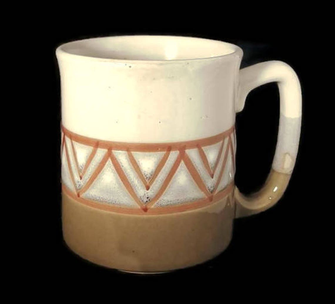 Hand Painted Made in Japan Mug Japanese Pottery Olive Green Triangles