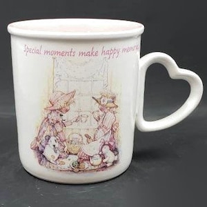 Vintage Holly Hobbie Mug: Heart Handle, Pink Interior, Bunny Teatime