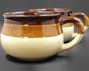 Vintage Stoneware Coffee Mugs: Retro Brown Striped Pottery, Set of 2