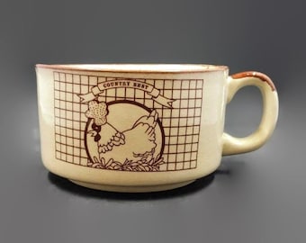 Vintage Stoneware Soup Mug Set: Country Chicken Design