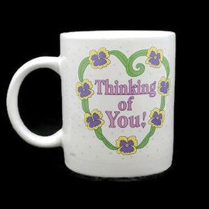 vintage Thinking of You Coffee Mug, Yellow Pansy Flower Heart, Pastel Polka Dots, 1994 Brite Ideas, Soft Pastel Sweet Coffee Mug, vintage