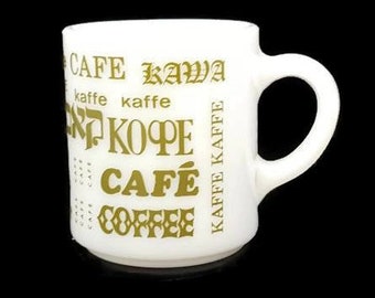 Vintage Milk Glass Coffee Mug: Retro Typography, Languages Design