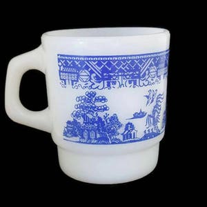Fire King Milk Glass Mug: Blue Willow Asian Design, Mid Century USA