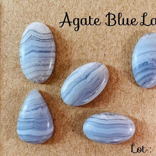 Lot de 5 cabochons d'Agate Bleue Dentelle authentique - Gemme pour artisanat, macramé, fil - Pierre naturelle à sertir - Calcédoine bleue