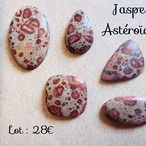 Puede incluir: Cinco piedras de jaspe pulidas de varias formas: ovalada, de lágrima, triangular, cuadrada y oblonga. Las piedras tienen un patrón moteado de rojo y blanco, con el texto "Jaspe Astéroïde" y "Lot: 28€".
