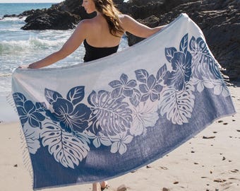 Floral Turkish Towel, Navy Blue Hibiscus Flower Sand Resistant Beach Peshtemal, Organic Cotton