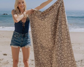 Brown Leopard Heart Turkish Beach Towel: Sand Resistant Organic Cotton Peshtemal
