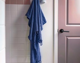 Blue Stonewashed Turkish Spa Bath Sheet | Large Organic Cotton Shower Peshtemal | Lightweight & Quick Drying