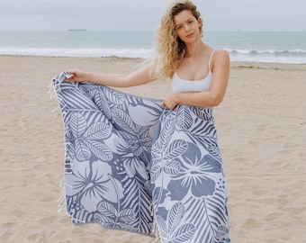 Navy Blue Hawaiian Flower Turkish Towel, Organic Cotton Tropical Beach Towel, Sand Resistant Peshtemal