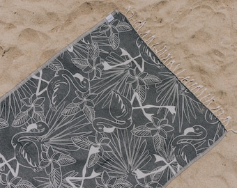 Black & White Tropical Flamingo Beach Towel: Organic Cotton Sand Resistant Turkish Peshtemal