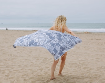 Hawaiian Flower Turkish Beach Towel in Navy Blue, Organic Cotton Floral Sand Resistant Peshtemal