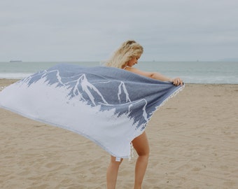 Cotton Turkish Beach Towel with Mountain Design | Adventure Sand Free Peshtemal | Navy & White Thin Absorbent Hammam | Bath Shower Fouta