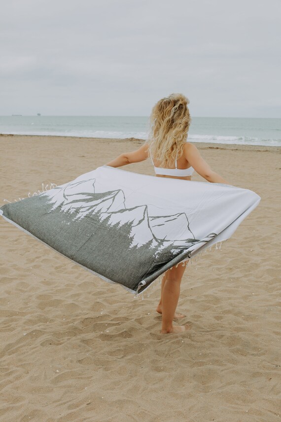 Sand Free Cotton Turkish Towel With Black Mountain Design Sand Resistant Beach Peshtemal Quick Dry Bath Hammam Soft Shower Fouta Etsy