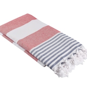 Nautical Turkish Towel in Red, White & Blue Stripes | Large Half Terry Cotton Bath Peshtemal | Cotton Striped Terrycloth Lined Beach Fouta