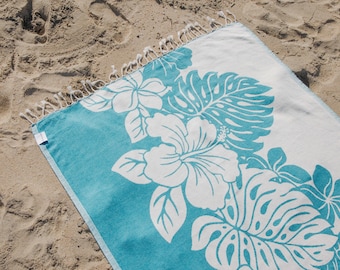 Hibiscus Flower Aqua Turkish Beach Towel, Lightweight Sand Resistant, Organic Cotton Peshtemal