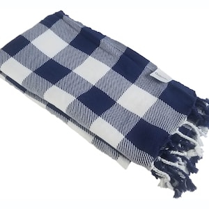 Buffalo Plaid Turkish Towel in Navy Blue & White | THIN, Soft and Cozy 100% Cotton Shower Peshtemal | Decorative Bath Sheet | Spa Hammam