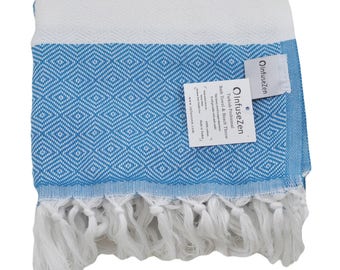 Teal Blue & White Diamond Peshtemal | Decorative Cotton Bath Sheet | Oversized Beach Turkish Towel | Luxury Spa Shower Hammam | Pool Fouta