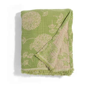 Reversible Dandelion Muslin Throw in Olive & Beige | Thin Gauze Cotton Blanket | Floral Twin Size Conforter | Large Flower Sofa Couch Throw