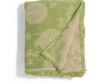 Reversible Dandelion Muslin Lightweight Throw: Olive Green Turkish Cotton Gauze Blanket