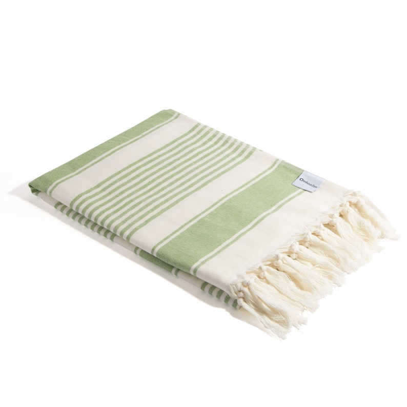 Spa Turkish Bath Towel Terry on One Side Olive & Cream Soft Cotton Peshtemal Striped Bath Hammam Fouta Bath Sheet with Lining on Back image 4