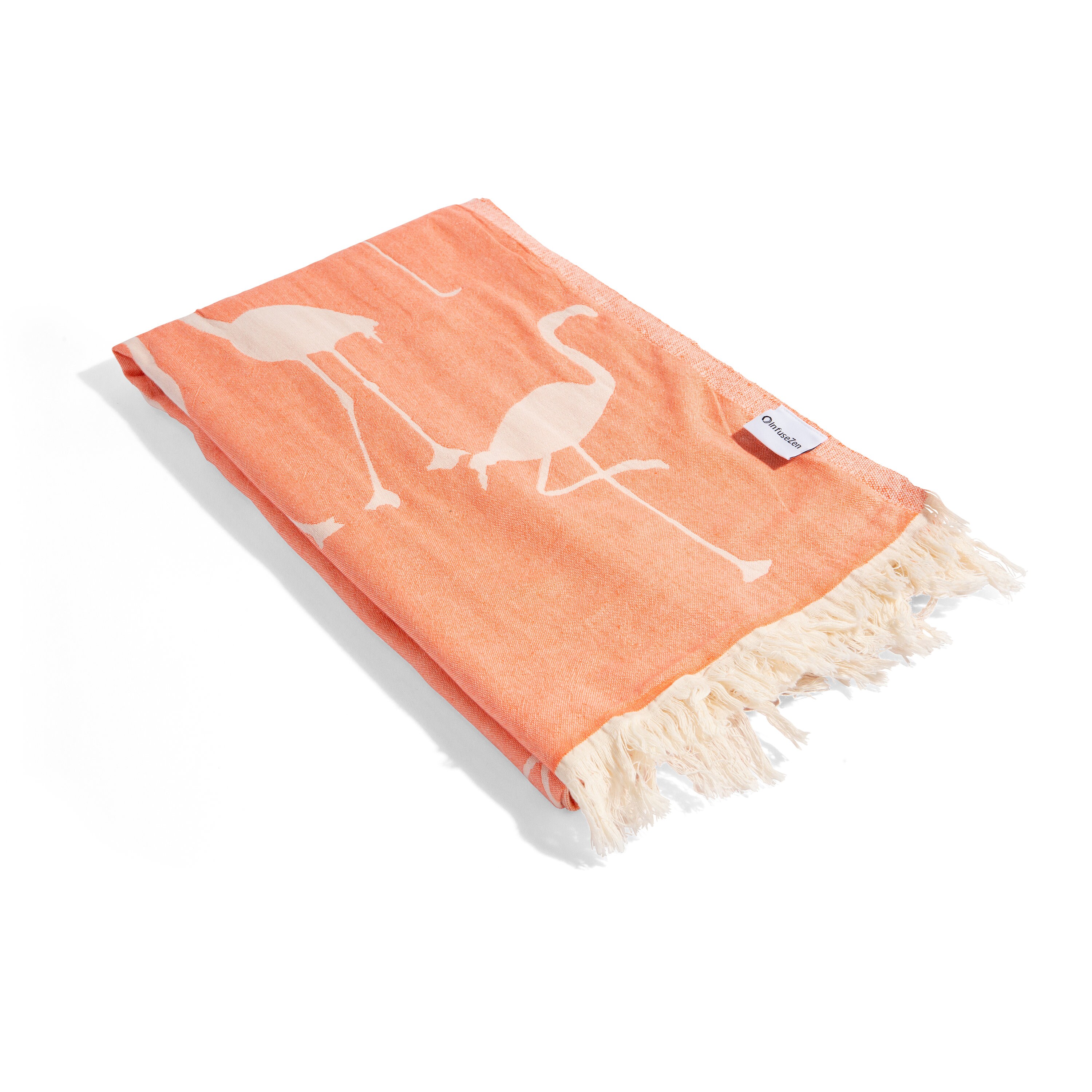 Thin Peshtemal in Coral with Flamingo Design | Turkish Towel Fouta | 100% Cotton Quick Dry Bath Sheet | Reversible Sand Free Beach Fouta