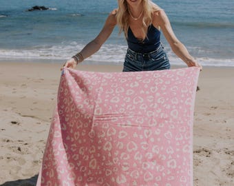 Turkish Towel in Pink Leopard Heart: Organic Cotton Sand Resistant Beach Peshtemal