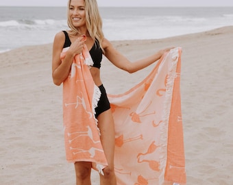 Coral Turkish Beach Flamingo Peshtemal: Thin & Lightweight Sand Resistant Reversible Cotton Towel