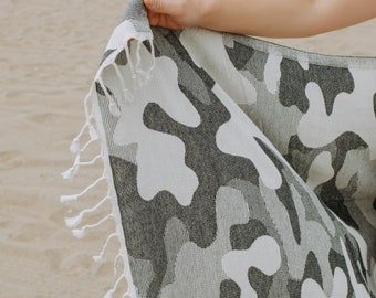 Black & White Camouflage Turkish Beach Towel | Soft Extra Large Sand Free Peshtemal | Lightweight Cotton Bath Sheet Hammam | Thin Camo Fouta