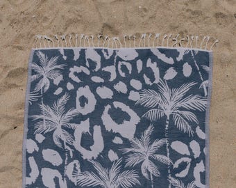 Navy Tropical Turkish Beach Towel in Leopard Palm: Thin Reversible Organic Cotton Peshtemal