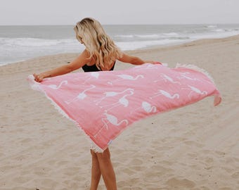 Peshtemal turco de playa con flamencos rosas: toalla de algodón reversible, fina y ligera, resistente a la arena.