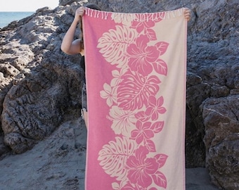 Peshtemal de playa con flores de hibisco rosa, toalla turca fina resistente a la arena para viajes, hammam ligero de piscina con flores tropicales, algodón orgánico